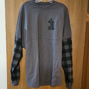 Disney Charcoal Top with Black Plaid Sleeves